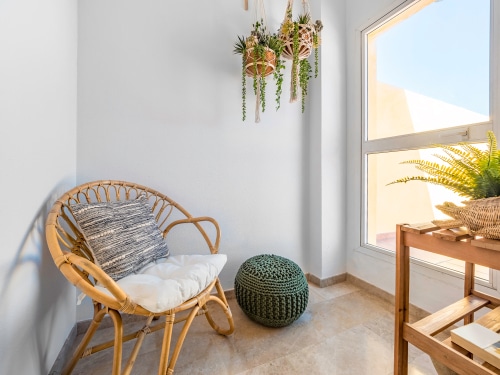 Room Interior With Rattan Chair With Cushion Macrame Hanging Plants