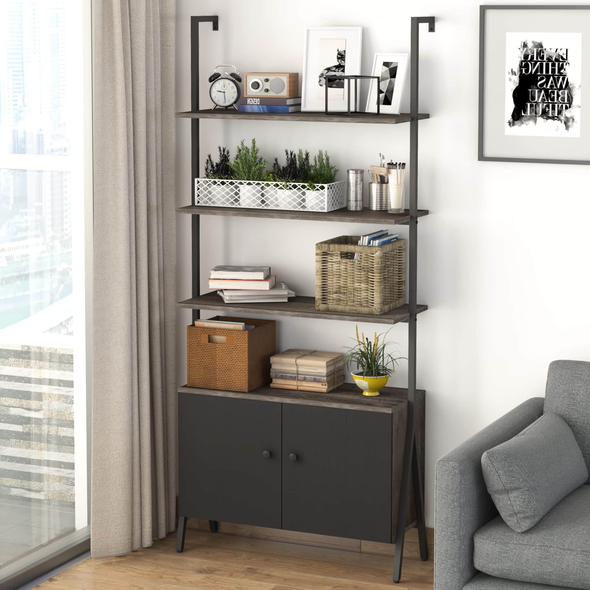 4-Tier Black Bookcase with Wide Storage Cabinet