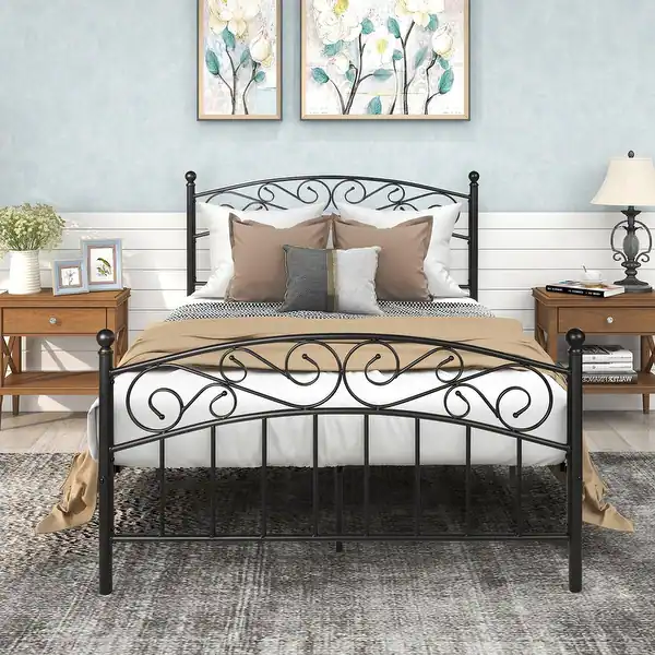 Bed metal frame with storage headboard foot board (black)