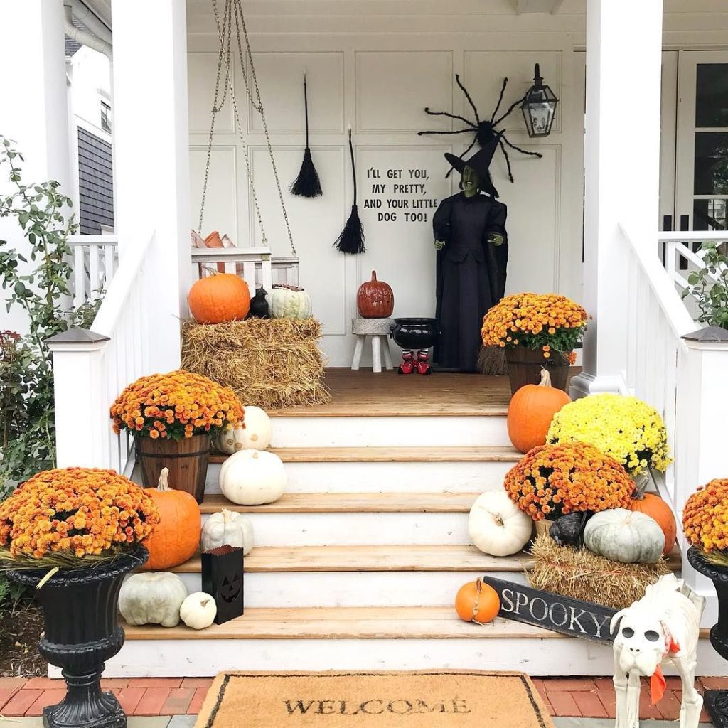 Fall porch front door halloween decor