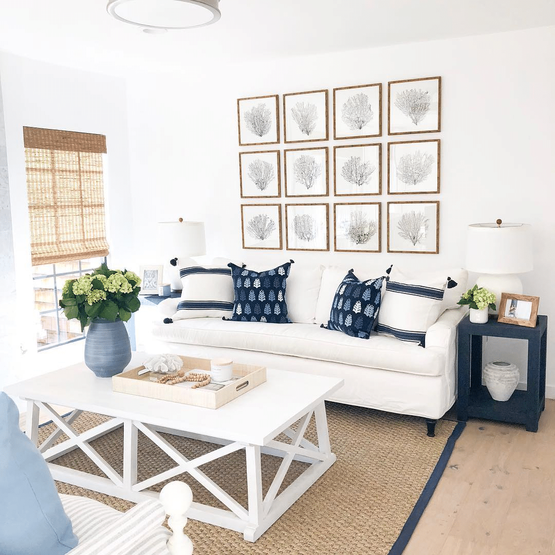 coastal living room with white sofa and coffee table 