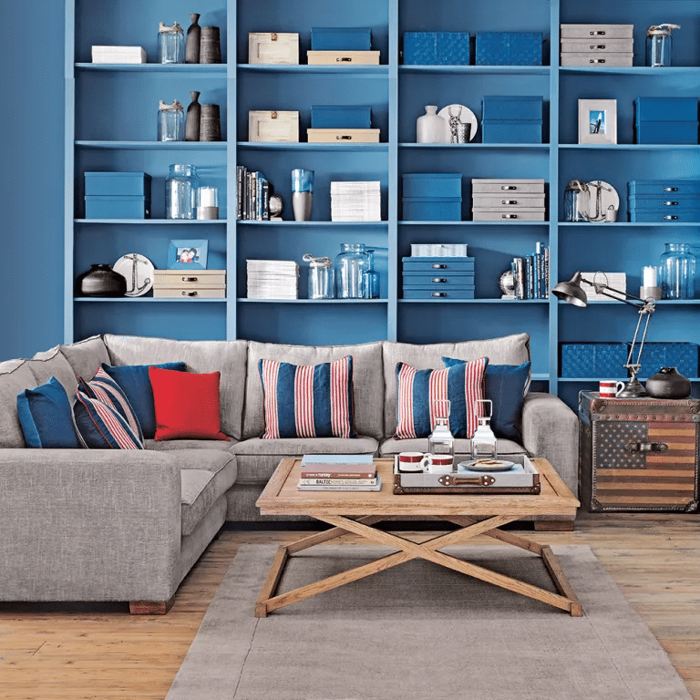 blue themed shelving 