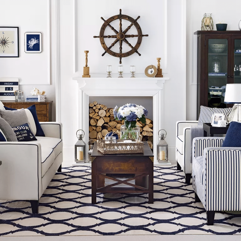 coastal living room with oversized lamps & middle table 