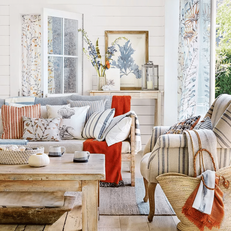 coastal living room with floral curtain