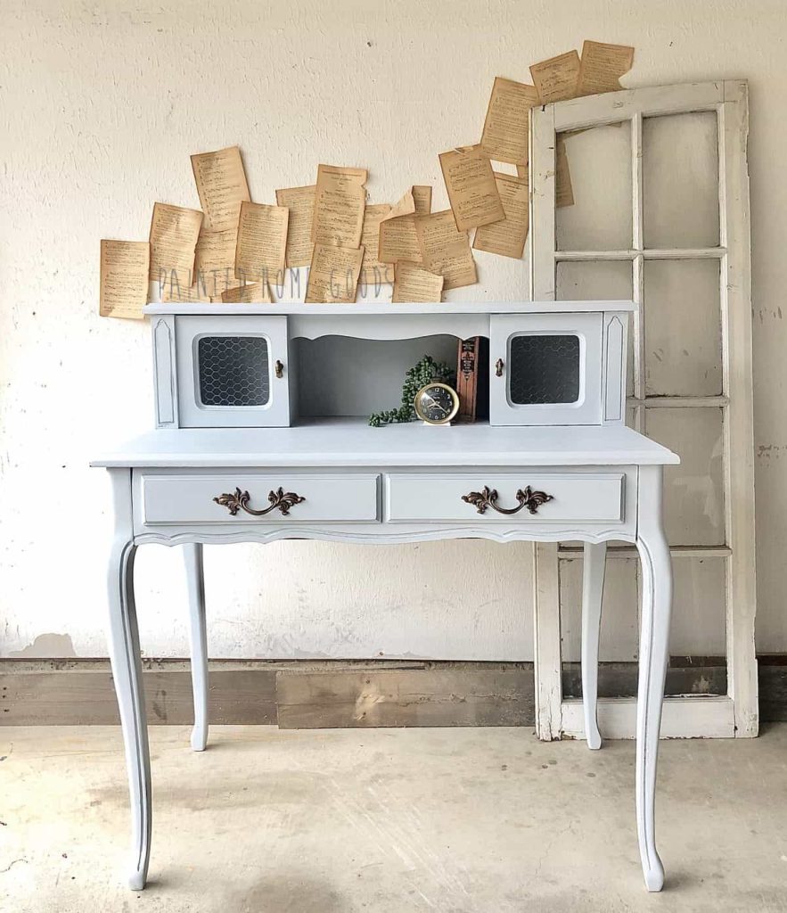 Soft powder blue feminine french provincial desk painted with eco friendly chalk style furniture paint