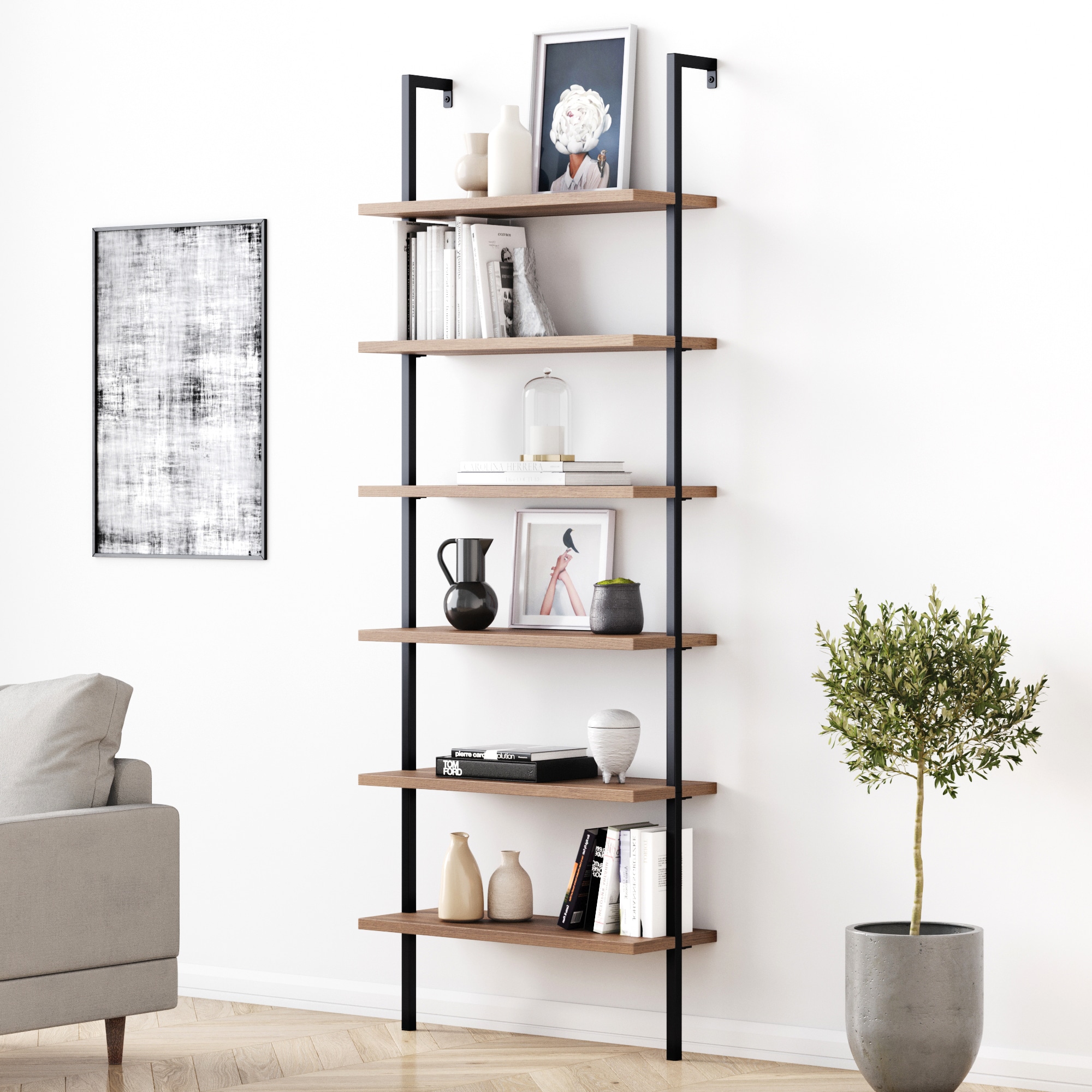 6-Shelf Tall Wall Mount Bookshelf 