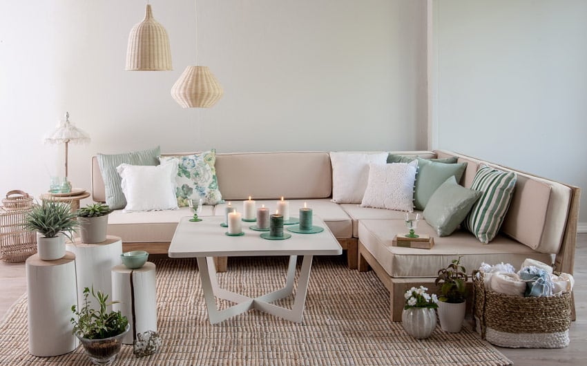 Living room design with marine inspired neutral shades & home décor items - Beautiful Homes