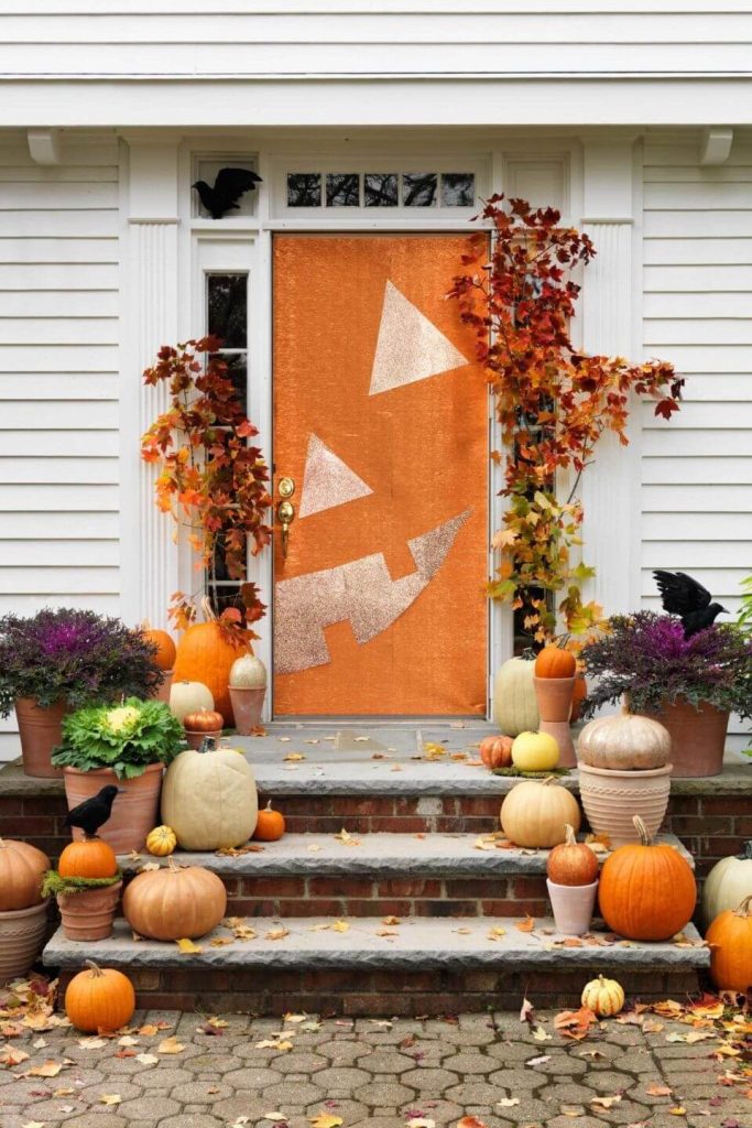 orange-colored lantern at the front door