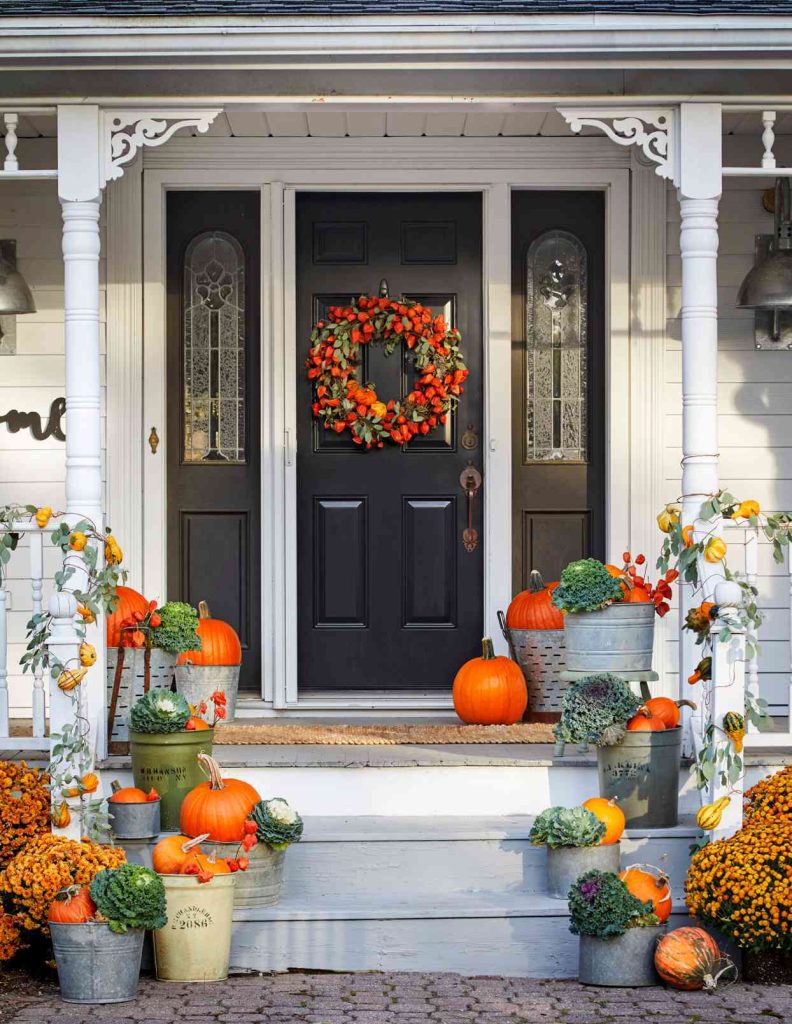 orange pumpkin fall front porch decor