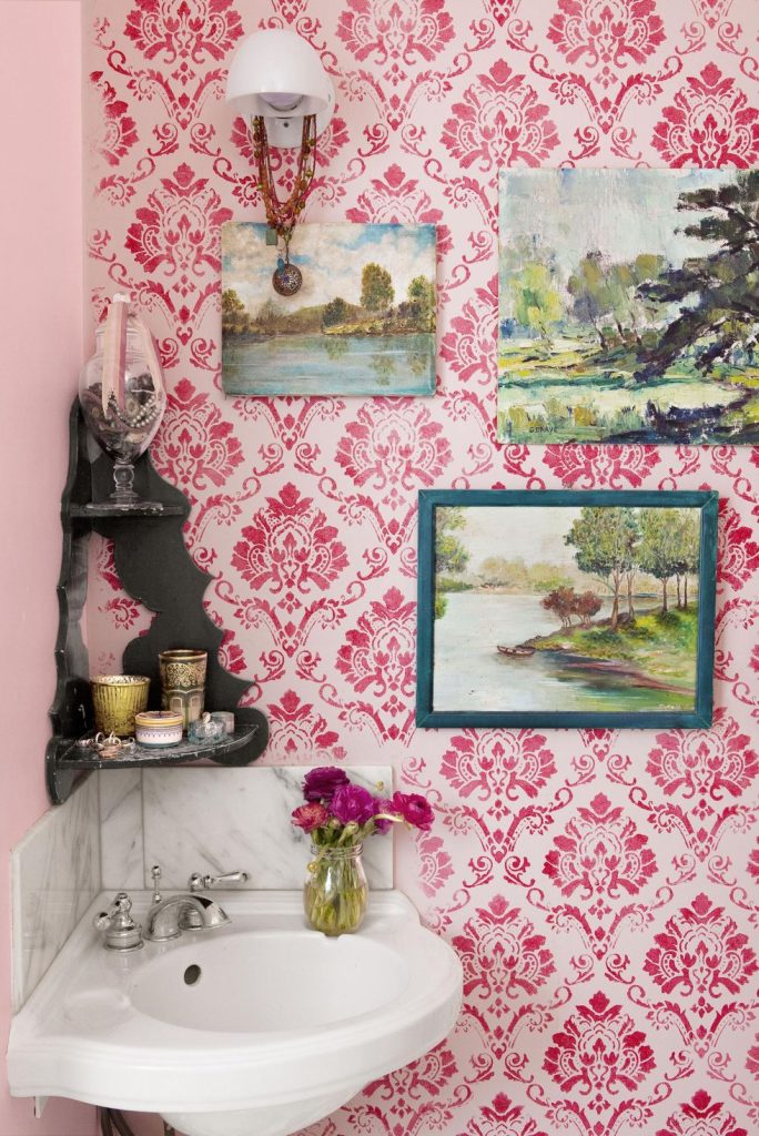 put up vintage bathroom wallpaper 