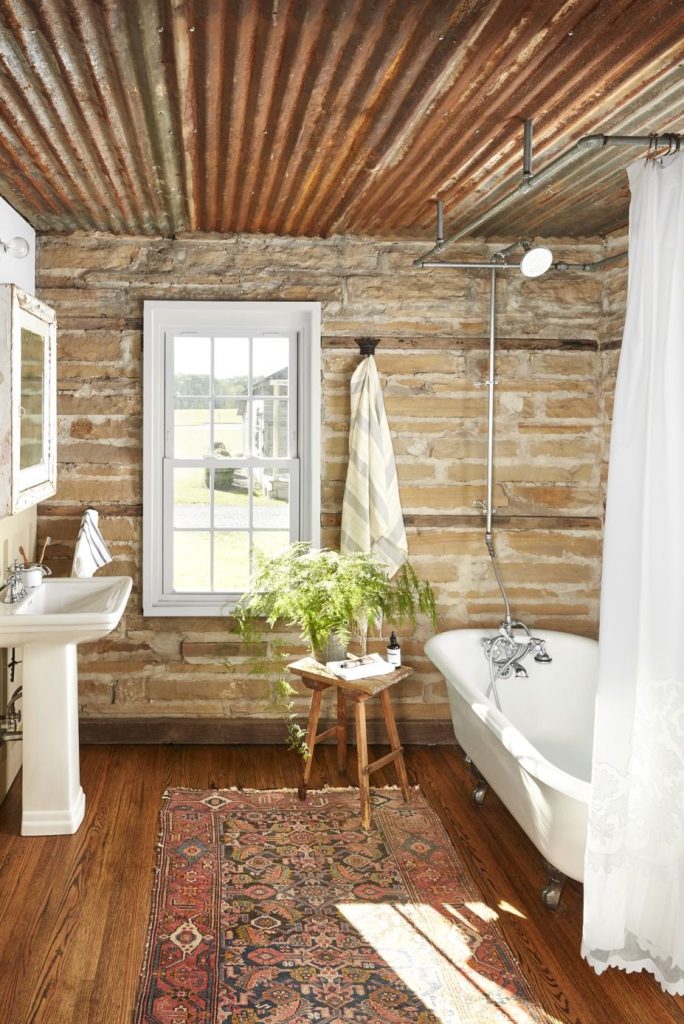 rustic bathroom corrugated ceiling 