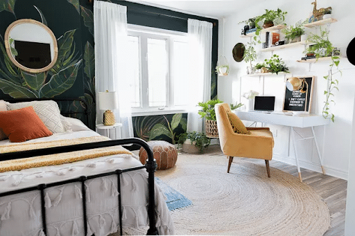 white walls and brown floors living room 