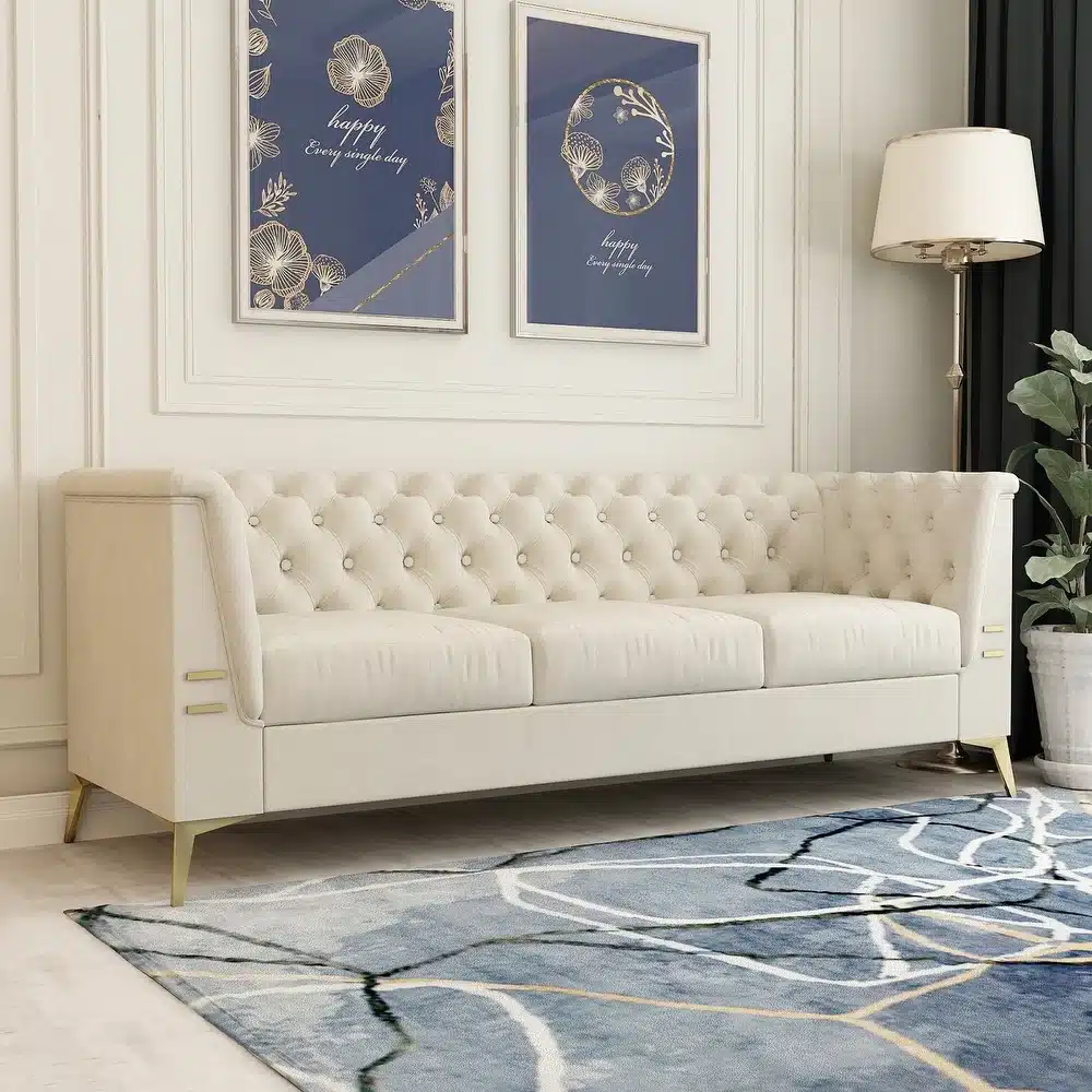 Beige Linen Tufted Sofa