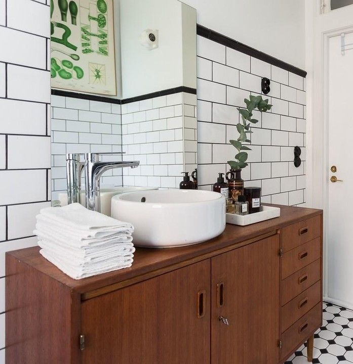 Mid-Century Wood Vanity in Scandinavian Bathroom