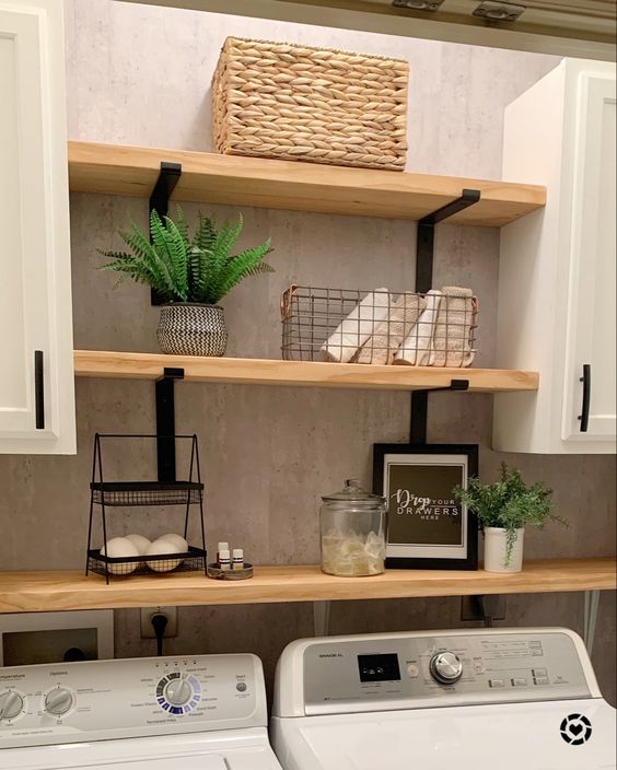 Multilevel Wooden Shelves in the Laundry Room