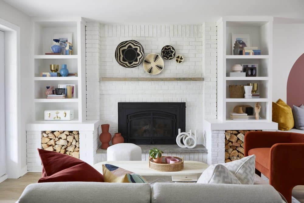 fireplace mantle wall art in living room 