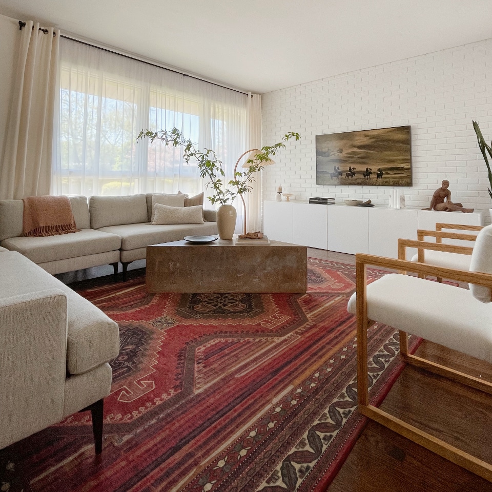 scarlet red persian rug in living room