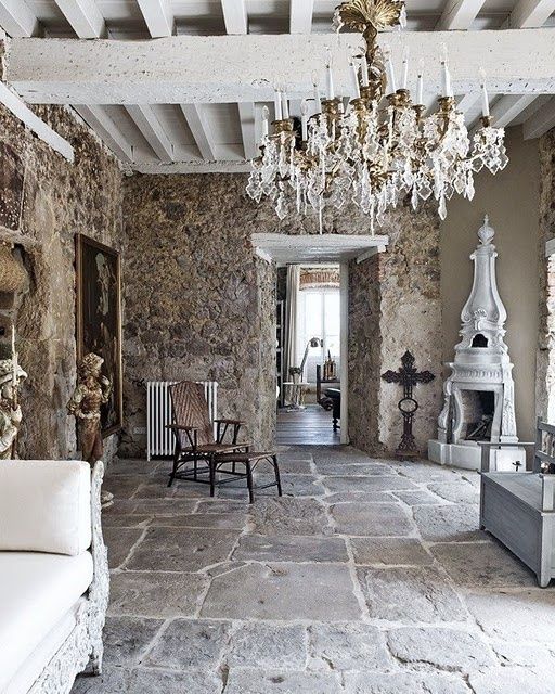 country living room with stone flooring 