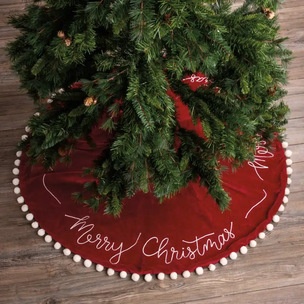 velvet merry chrsitmas tree skirt with pom poms