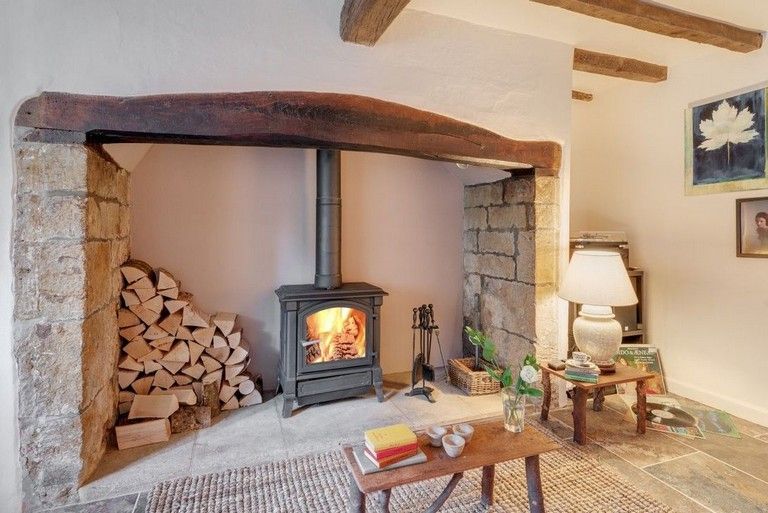 country living room with wooden decor 