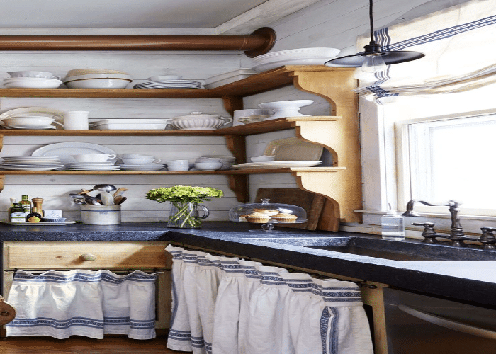 Farmhouse Kitchen Open Shelves and Curtains