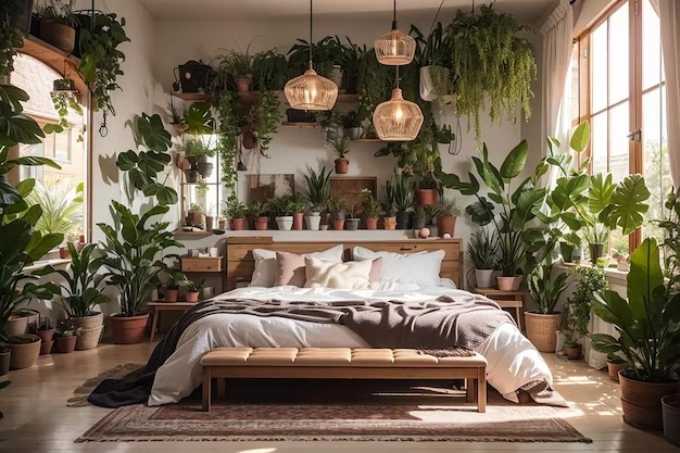 A bedroom featuring an abundance of plants on the walls