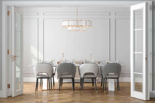 Entrance Of Dining Room With Dining Table, Chairs And Empty White Wall In Background