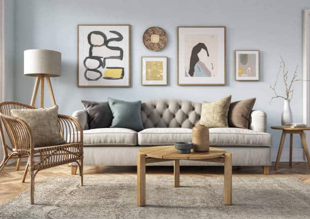 Bohemian living room interior 3d render with beige colored furniture and wooden elements and light blue colored wall