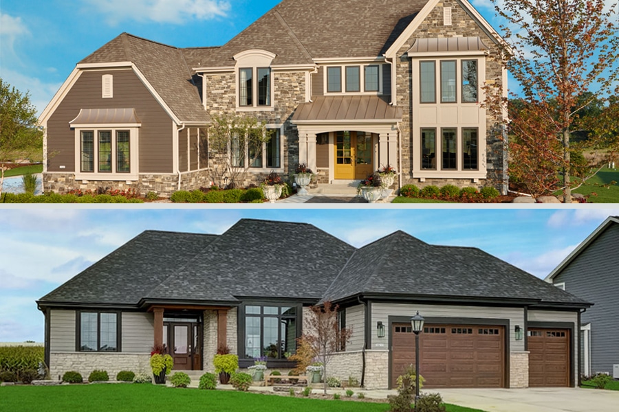 Two houses with a garage and front yard; one is a ranch house, the other a farmhouse