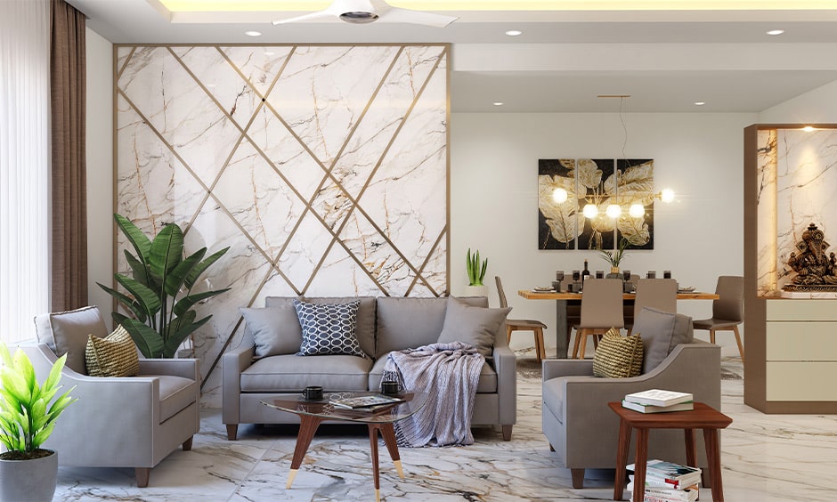 Elegant living room adorned with marble walls and flooring,