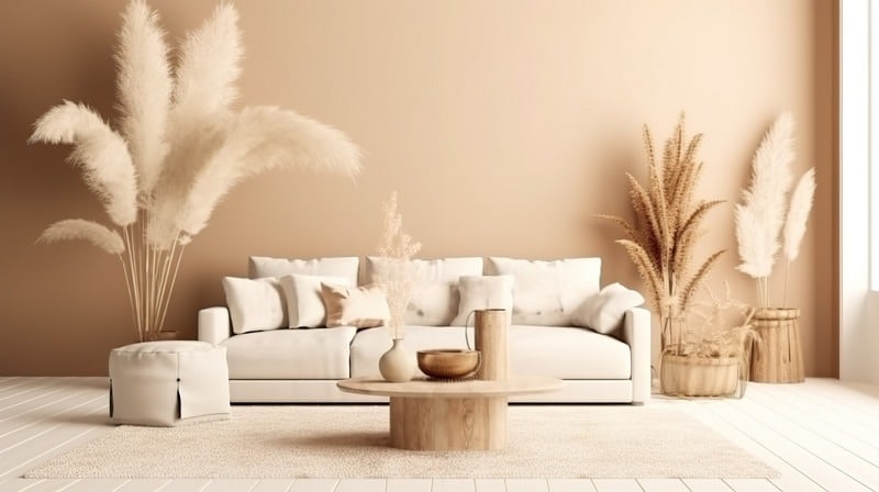 Bohemian living room interior 3d render with beige colored furniture and wooden elements