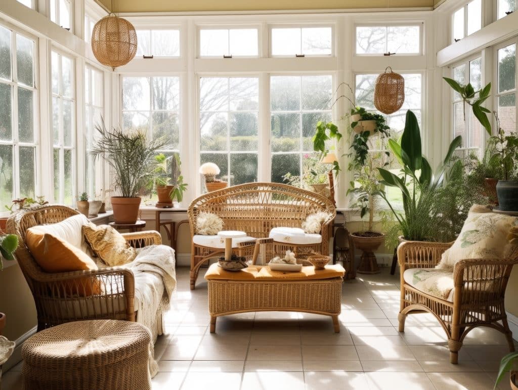 adorable black and white dog relaxes on a chair in a bright sunroom with plant table Generative AI