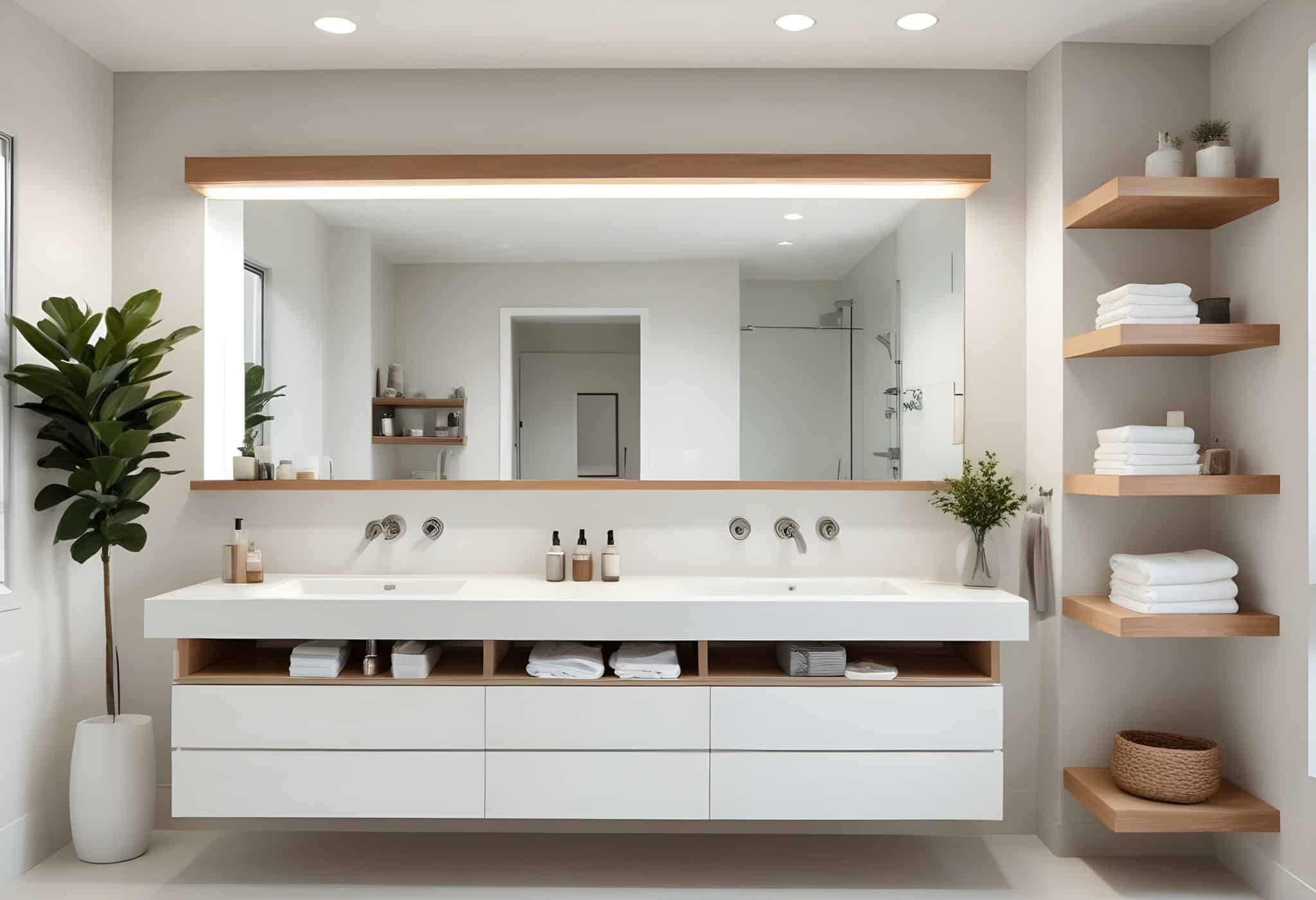 A sleek modern bathroom featuring white cabinets and stylish wooden shelves for a contemporary look.