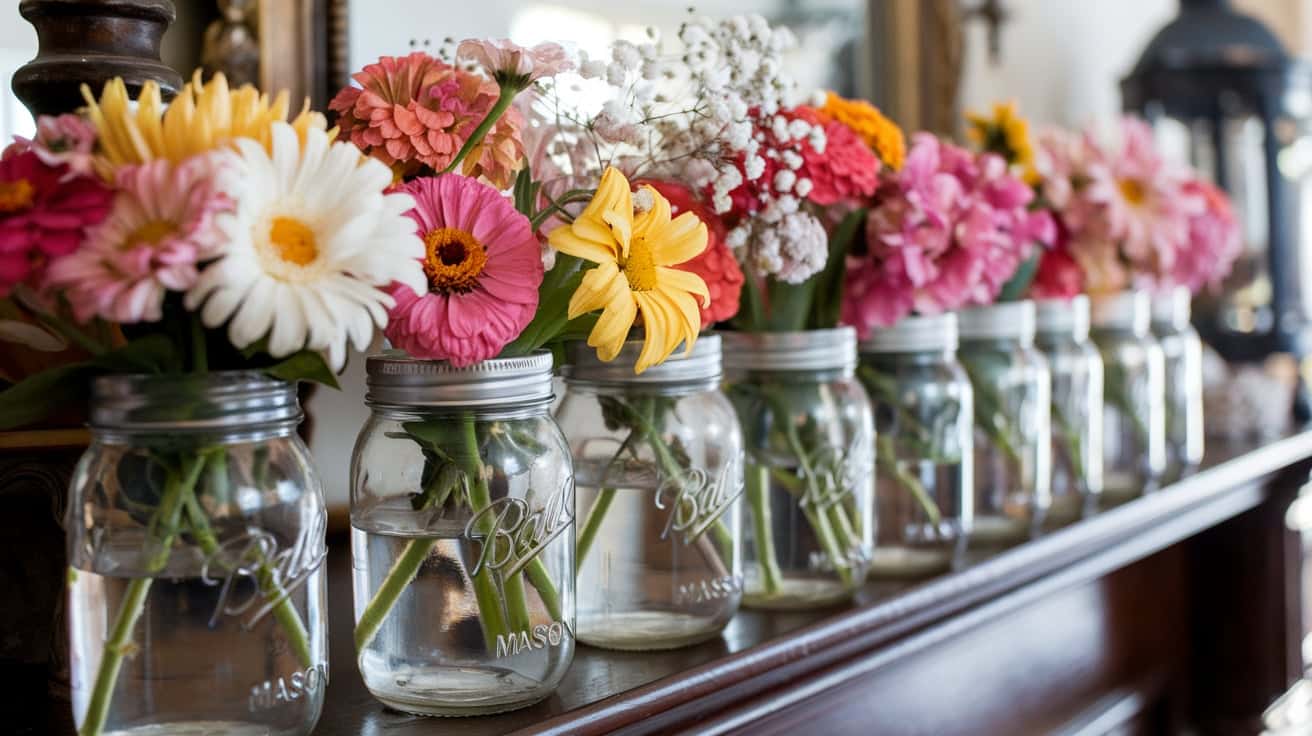 Fresh flowers in mason jars