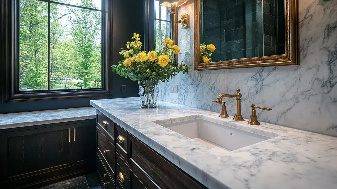 Marble Backsplash with Dark Wood Vanity