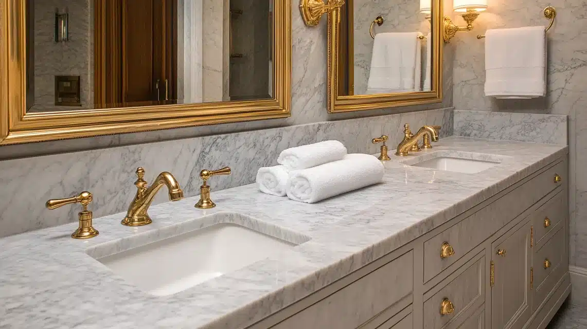 Marble Vanity with Gold Hardware