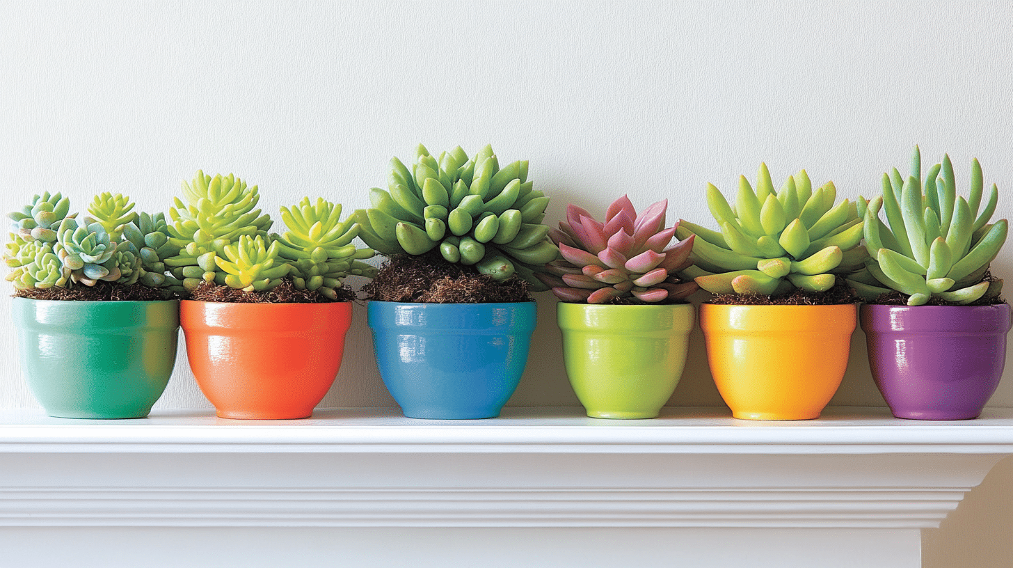 Potted succulents in bright containers