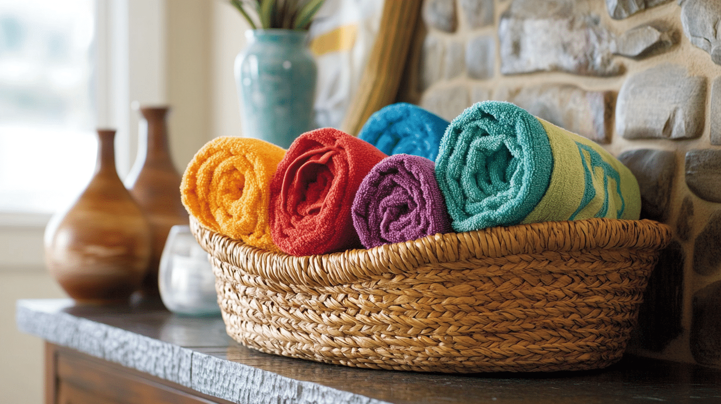 Woven basket with beach towels