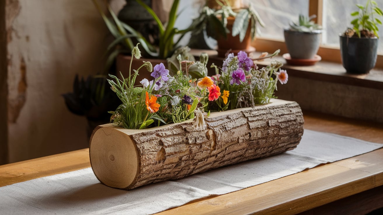 Hollow Log with Wildflowers