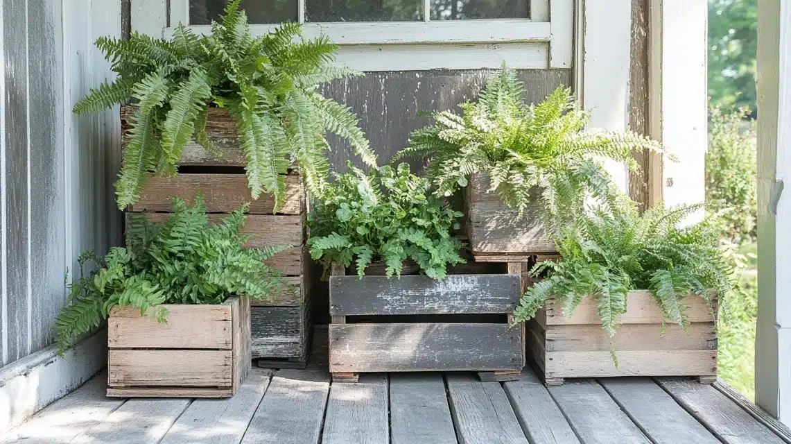 Rustic Fern Display in Wooden Crates