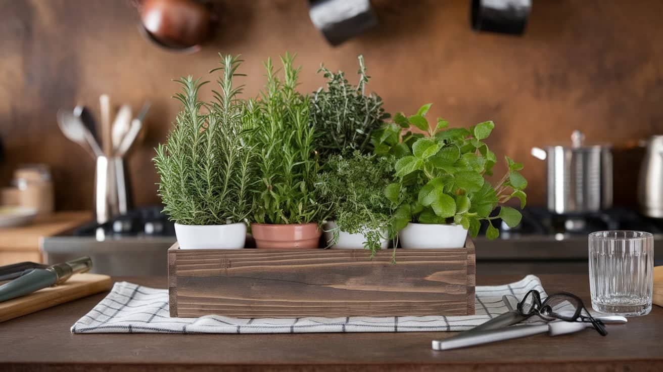 Rustic Wooden Box with Herbs