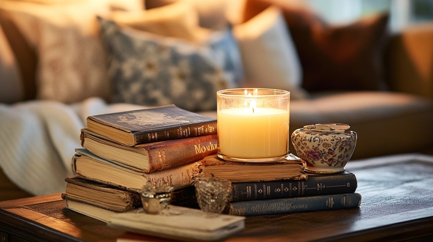 Stacked Books and Candle Display