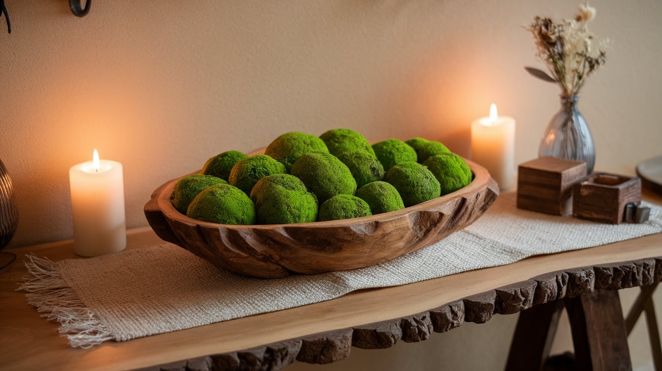 Wooden Bowl with Moss Balls