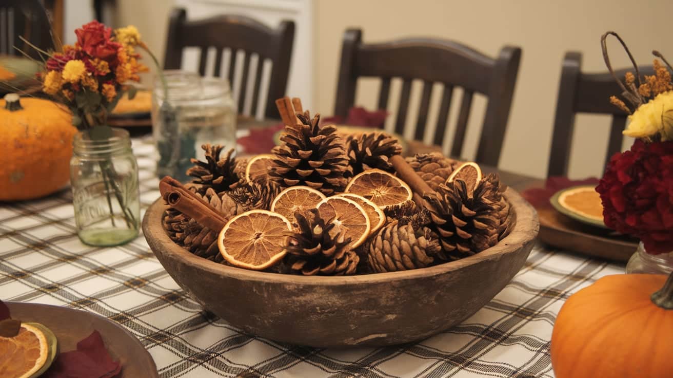 Wooden Bowl with Pinecones