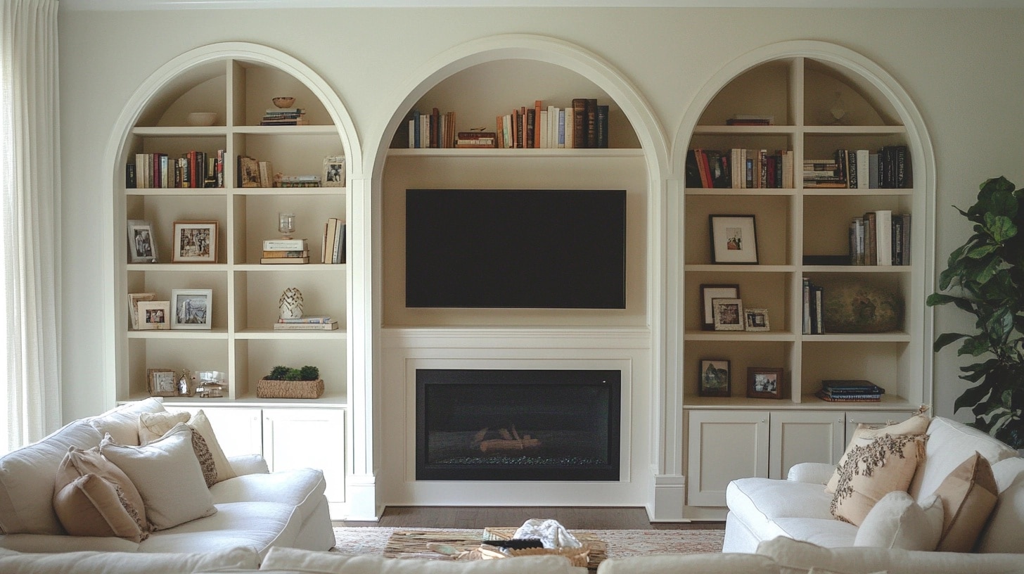 arched built in bookcase