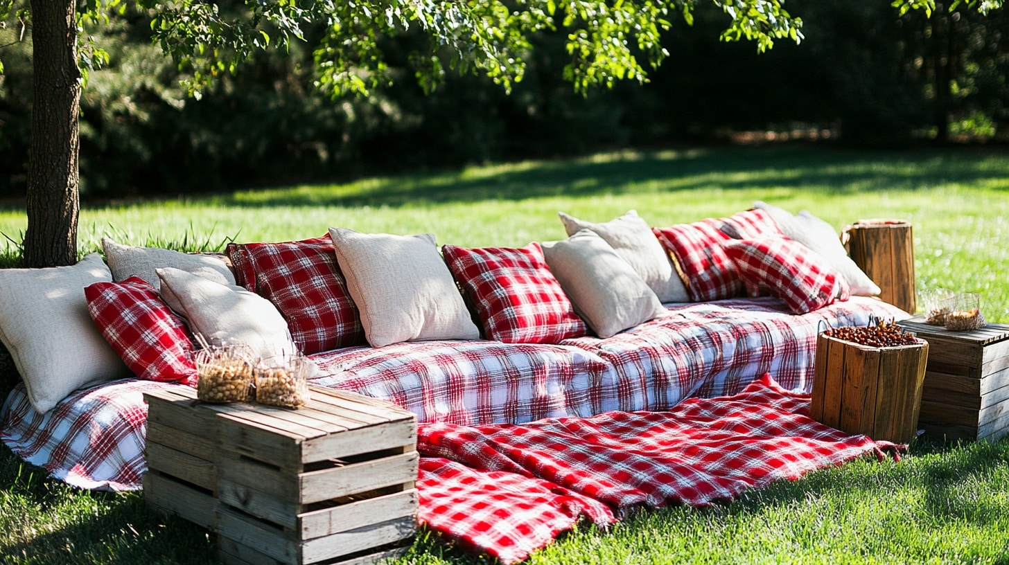 Picnic-Style Seating with Plaid Blankets