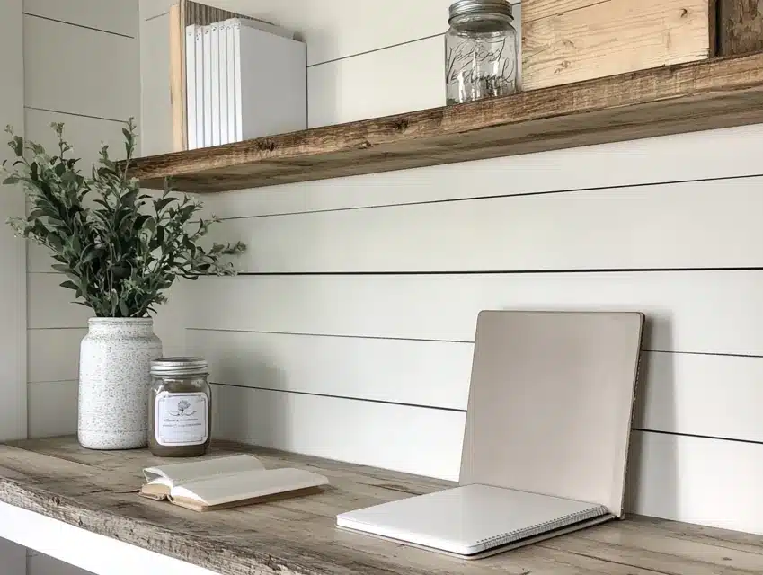 White Built-In Desk with Shiplap Wall