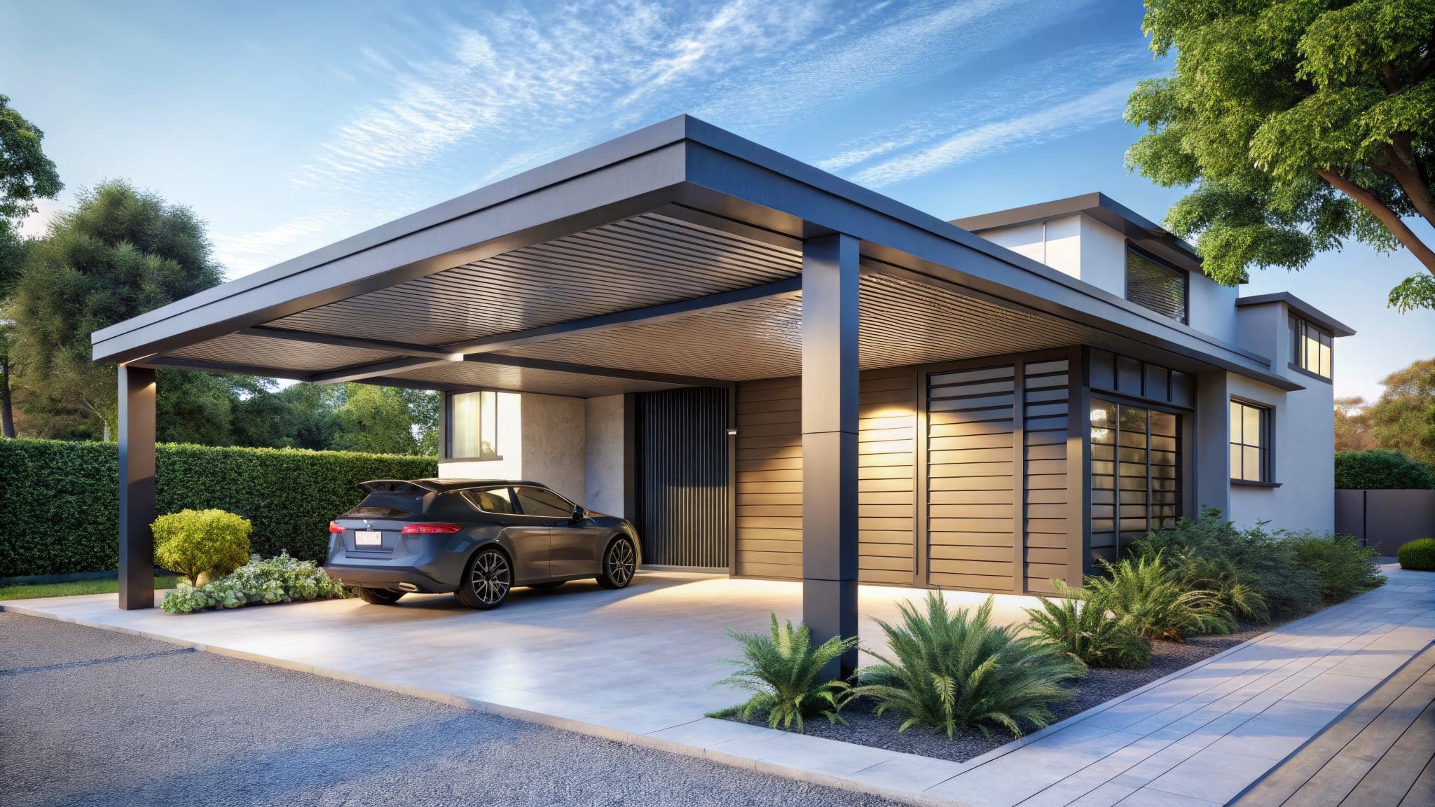 Stylish Urban Property Exterior Featuring An Attached Carport With A Sleek Metal Roof And Spacious Parking Area.