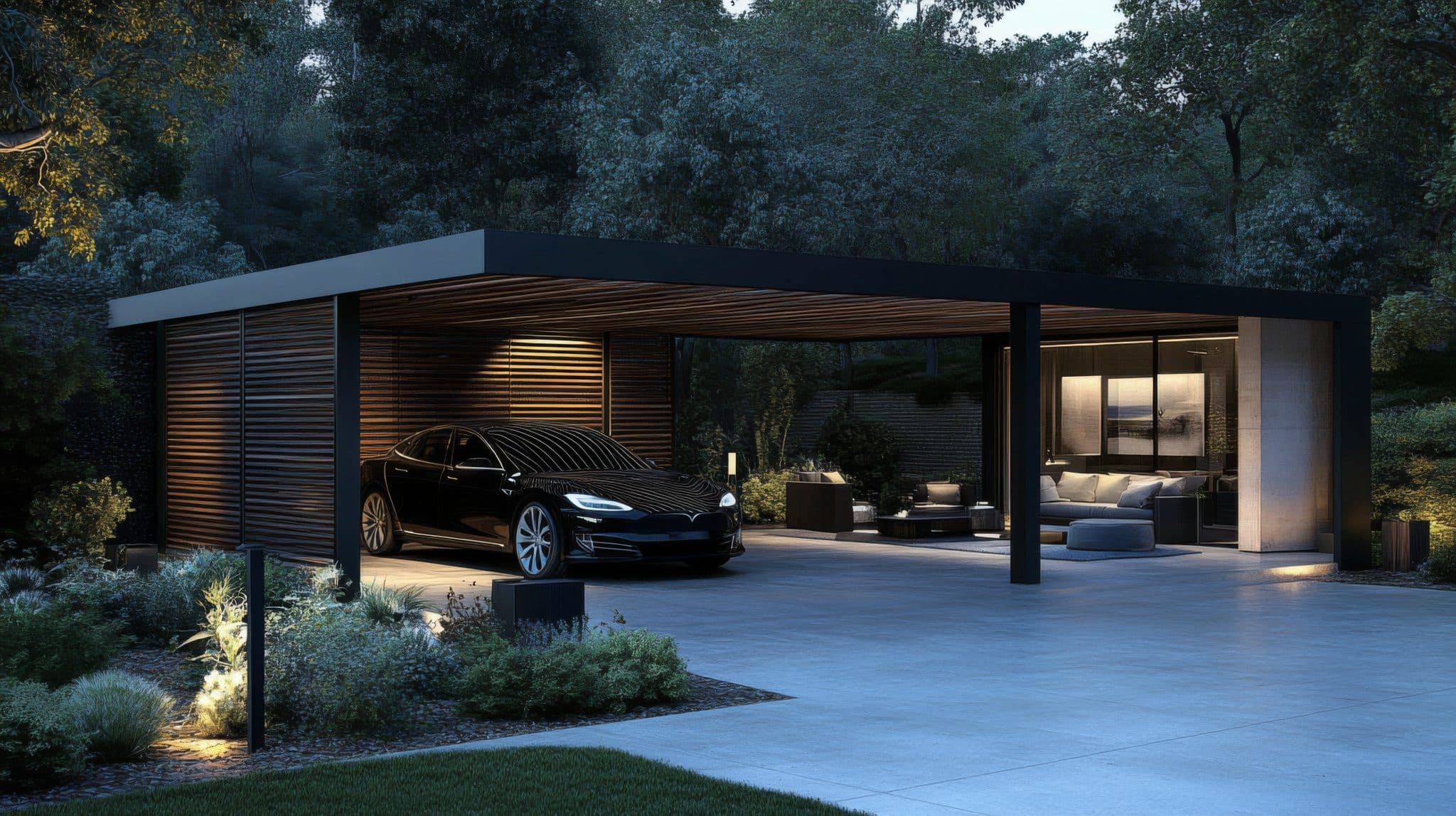 Modern carport night is made metal has sloping with Black